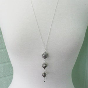 Long Sterling Silver Turkish Filigree Pendant Necklace, Oxidized Turkish Jewelry, Silver Ball Necklace