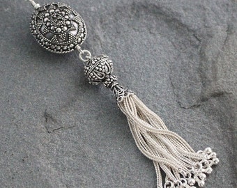 Sterling Silver Tassel Necklace on Long Chain, Bali and Turkish Silver Tassel Pendant