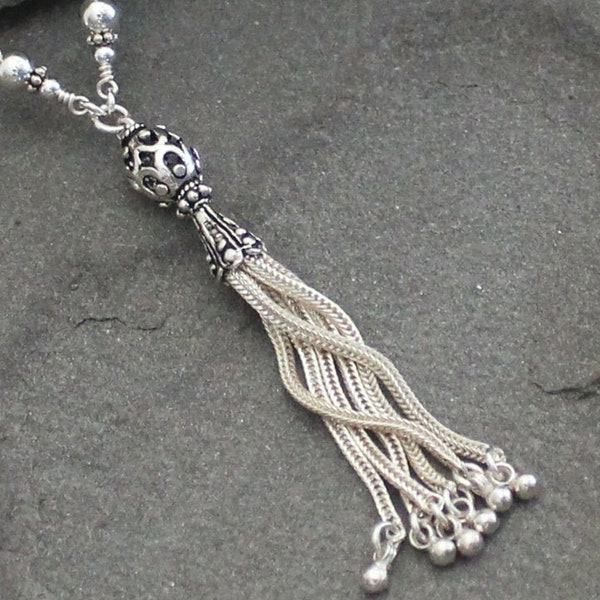 Turkish Sterling Silver Filigree Tassel Necklace on Long Chain, Silver Layering Necklace