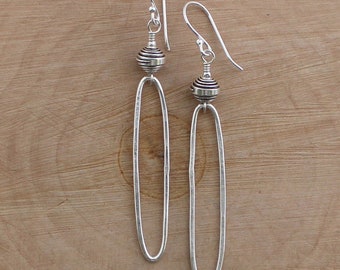 Rustic Thai Silver Earrings, Hill Tribe Silver Dangles, Casual Oval Hoop Drop Earrings