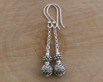 Sterling Silver Dangle Earrings, Silver Chain Earrings, Turkish Silver Earrings, Bali Jewelry, Silver Bead Dangles, Silver Drops