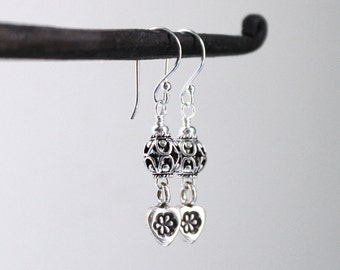 Sterling Silver Heart Earrings, Bali Bead Jewelry, Cute Gift for Her