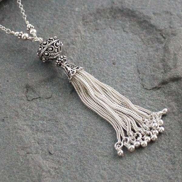 Sterling Silver Tassel Necklace on Long Chain, Bali Style Jewelry, Turkish Silver, Tassel Pendant