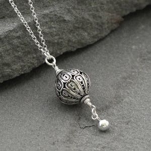 Long Turkish Sterling Silver Filigree Pendant Necklace, Oxidized Silver Ball Necklace, Classic Sterling Jewelry