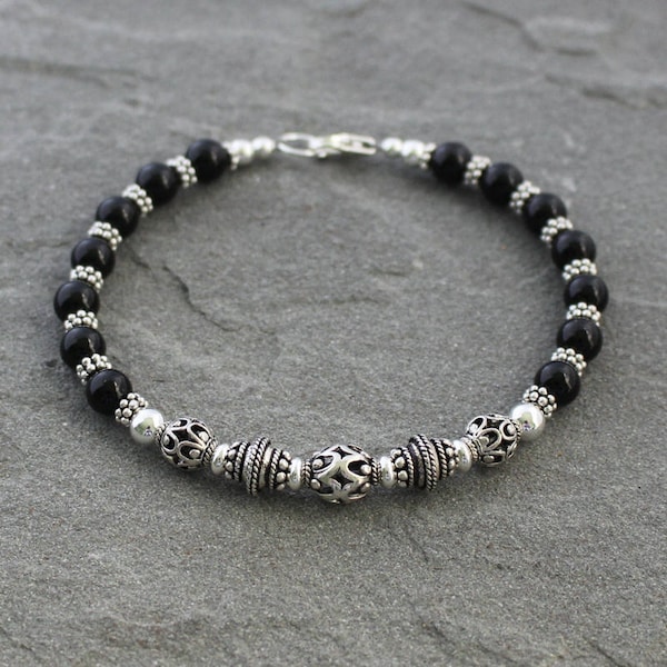 Black Onyx Beaded Bracelet with Sterling Silver, Bali Silver Jewelry with Onyx