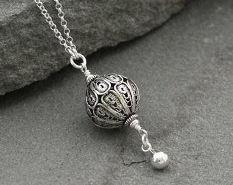 Long Turkish Sterling Silver Filigree Pendant Necklace, Oxidized Silver Ball Necklace, Classic Sterling Jewelry