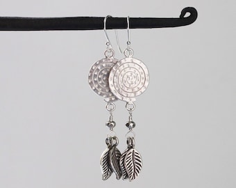 Hill Tribe Silver Earrings, Silver Leaf Dangles, Rustic Silver Drops