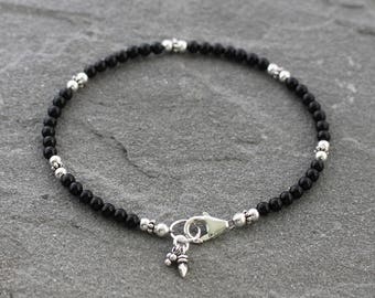 Black Onyx Bracelet with Sterling Silver and Charms, Skinny Beaded Bracelet, Onyx Jewelry