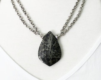 Pyrite in Magnetite Pendant Necklace, Hill Tribe Silver Chain Necklace with Stone Pendant, Earthy Rustic Jewelry