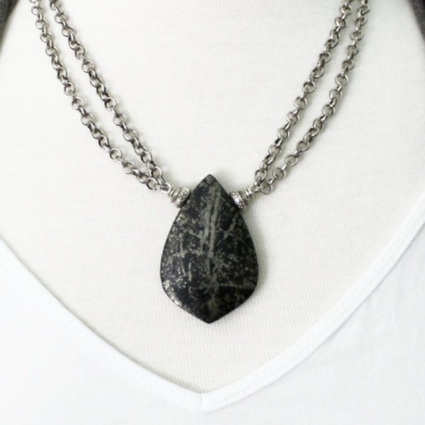 Pyrite in Magnetite Pendant Necklace, Hill Tribe Silver Chain Necklace with Stone Pendant, Earthy Rustic Jewelry