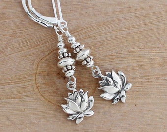 Sterling Silver Lotus Flower Earrings, Lotus Blossom Dangles on Lever back Ear Wires, Nature Jewelry