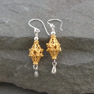 Turkish Gold Vermeil Filigree Earrings, Turkish Jewelry, Mixed Metal Dangle Earrings