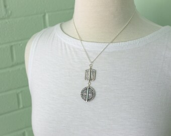 Balinese Sterling Silver Drop Pendant Necklace on Chain, Geometric Silver Necklace, Eclectic Modern Jewelry