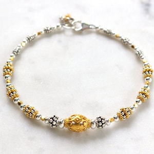 Sterling Silver and Gold Vermeil Beaded Bracelet with Charms, Mixed Metal Two Tone Jewelry