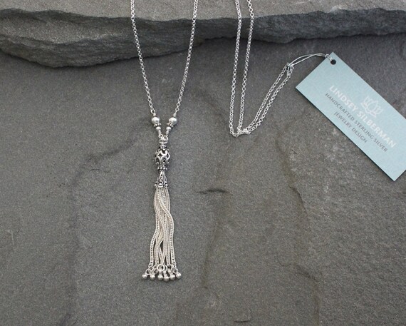 Turkish Sterling Silver Filigree Tassel Necklace on Long Chain
