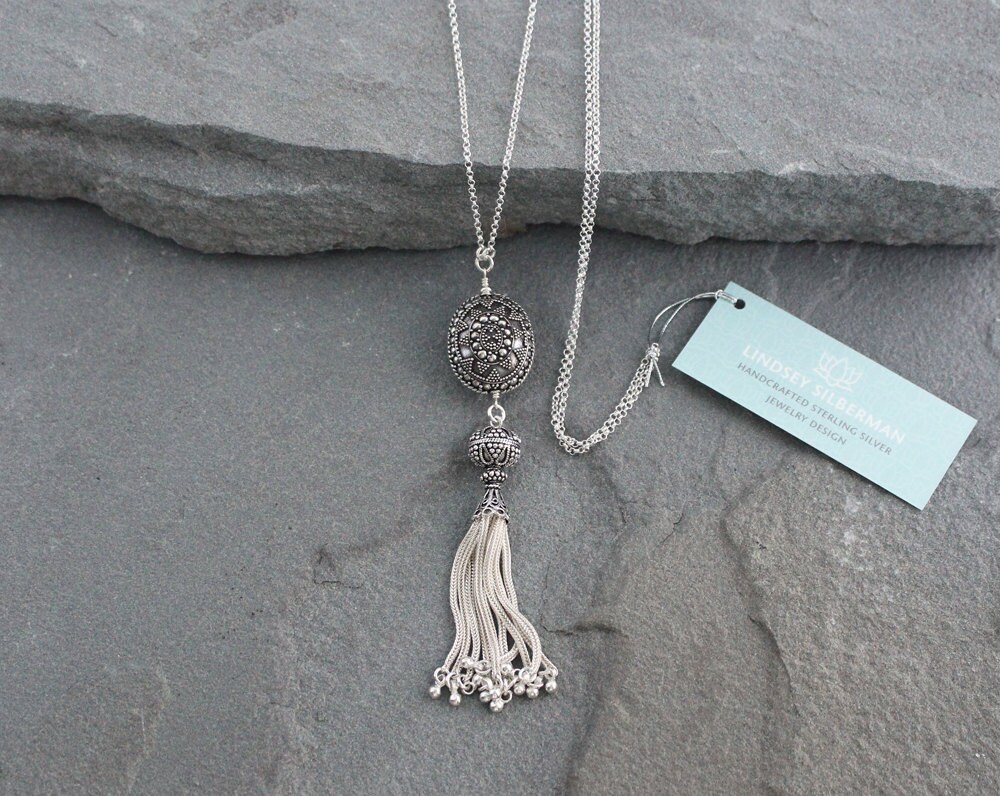 Sterling Silver Tassel Necklace on Long Chain, Bali and Turkish