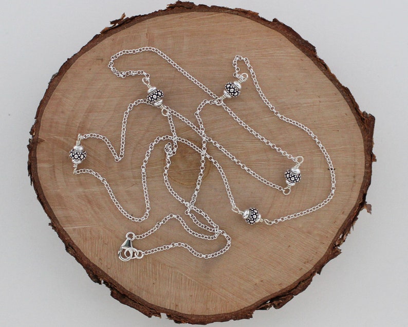 Bali Style Turkish Silver Jewelry Long Beaded Chain Sterling Silver Station Necklace 34 inches