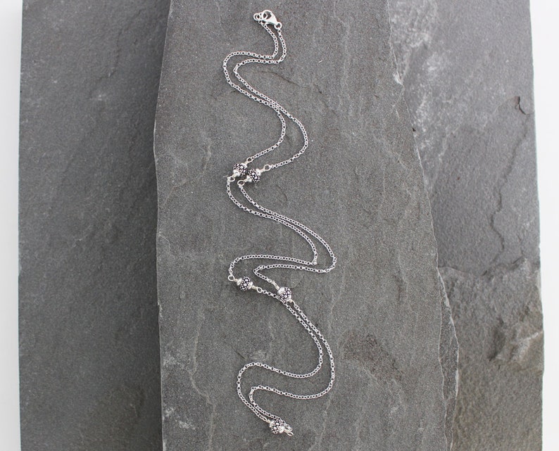Bali Style Turkish Silver Jewelry Long Beaded Chain Sterling Silver Station Necklace 34 inches