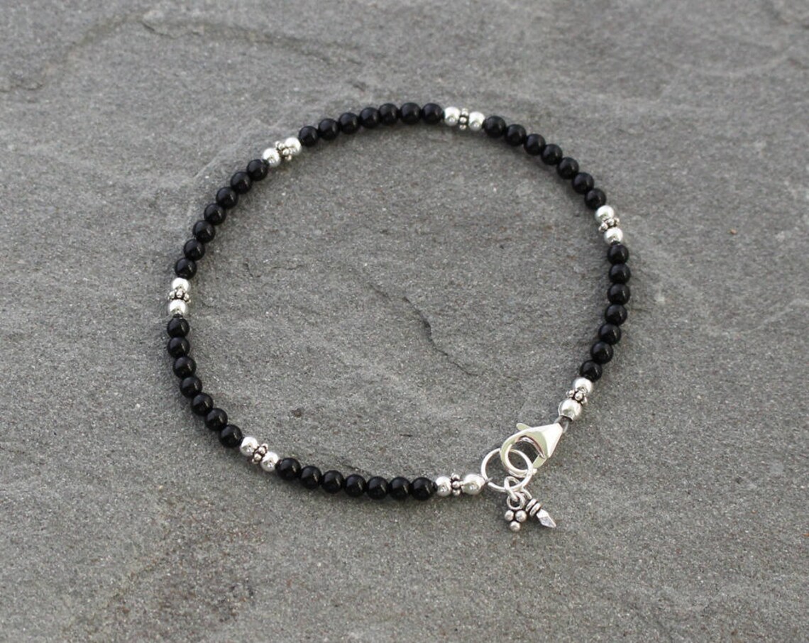 Black Onyx Bracelet With Sterling Silver and Charms Skinny Etsy