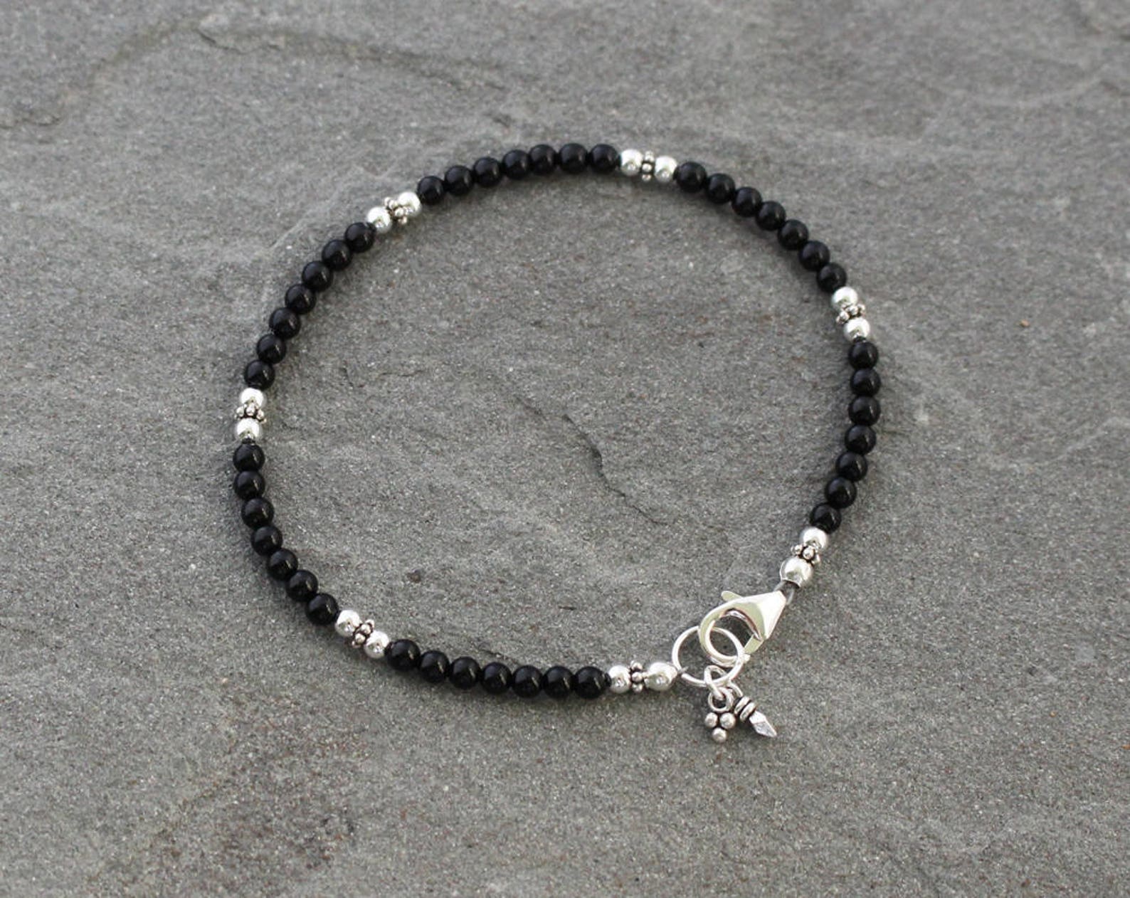 Black Onyx Bracelet With Sterling Silver and Charms Skinny Etsy