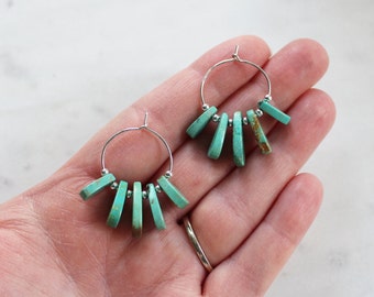 Natural Green Turquoise Hoop Earrings, Sterling Silver Hoops with Elisa Turquoise