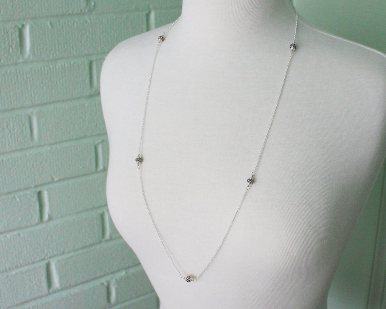 Bali Style Turkish Silver Jewelry Long Beaded Chain Sterling Silver Station Necklace 34 inches