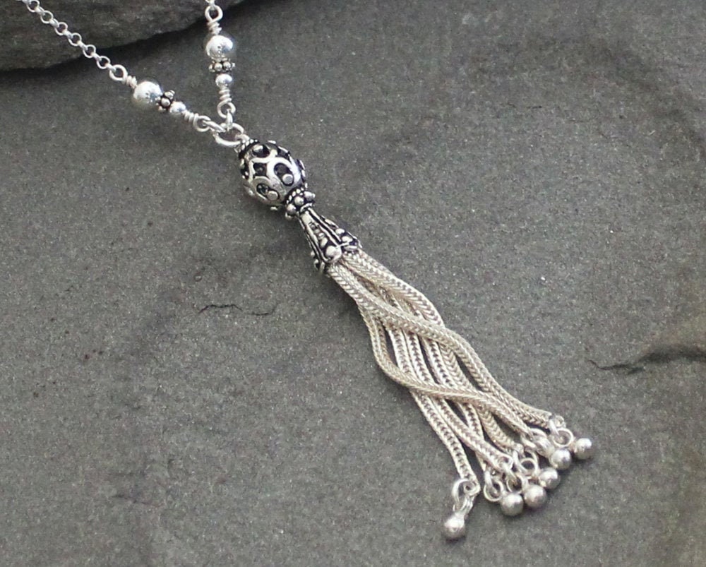 Turkish Sterling Silver Filigree Tassel Necklace on Long Chain Silver Layering Necklace Etsy