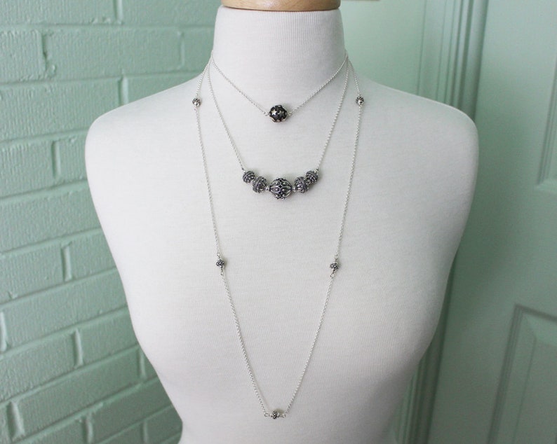 Bali Style Turkish Silver Jewelry Long Beaded Chain Sterling Silver Station Necklace 34 inches