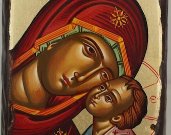 Hand-Painted Theotokos Tenderness Icon: Greek Orthodox Christian Art