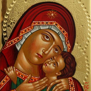 Panagia Eleusa Icon, Theotokos Sweet Loving Icon, Hand-Painted Orthodox Byzantine Miniature 24kt polished gold