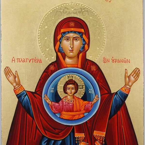 Our Lady of the Sign Icon, Panagia Platytera Hand-Painted Greek Orthodox Icon on Wood 24K Gold