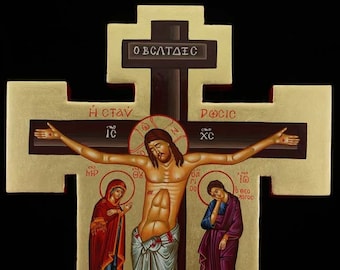 Hand-Painted Wall Crucifix Icon Theotokos St John Hand-Painted Byzantine Orthodox Crucifixion Icon | Cross