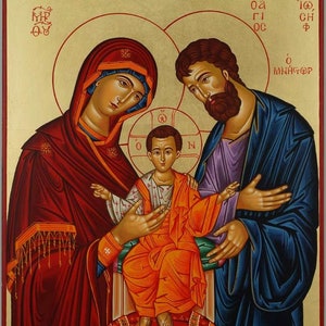 Holy Family Icon, Agia Oikogeneia Hand-Painted Greek Orthodox Icon on Wood
