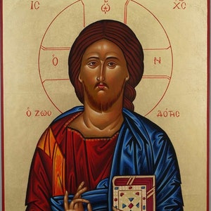 Hand-Painted Jesus Christ Pantocrator Orthodox Icon on Wood