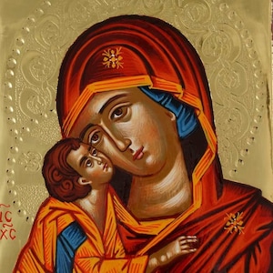 Theotokos Tenderness Icon, Virgin Mary Sweet Loving Icon Hand-Painted Orthodox Byzantine Miniature 24kt polished gold