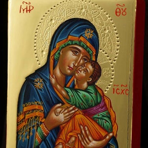 Virgin Mary Sweet Loving Icon, Theotokos Tenderness Icon, Hand-Painted Orthodox Byzantine Miniature 24kt polished gold