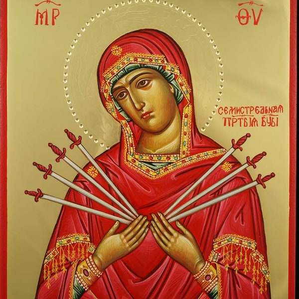 Theotokos Softener of Evil Hearts Icon, La Vierge aux sept flèches Icône orthodoxe russe peinte à la main sur bois Or 24 carats