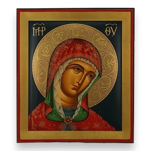 Ícono de la Virgen María - Ícono ortodoxo griego con borde en relieve / Hecho a mano en madera maciza natural