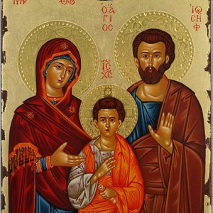 Holy Family Orthodox Icon, Virgin Mary St Joseph Hand-Painted Greek Byzantine Icon on Wood 24K Gold