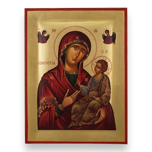 Virgin Mary Hodegetria Icon - Raised Border Greek Orthodox Icon | Handmade on Solid Natural Wood