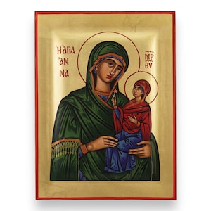 St Anna and the Theotokos Icon - Raised Border Greek Orthodox Icon | Handmade on Solid Natural Wood