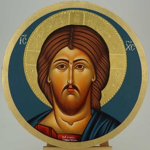 Jesus Christ Icon, Pantocrator Icon Hand-Painted Byzantine Orthodox 24kt polished gold halo | round board