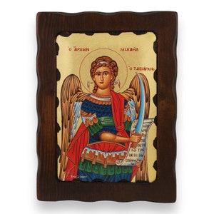Icono de San Miguel - Arte bizantino ortodoxo griego / Hecho a mano en madera maciza tallada natural