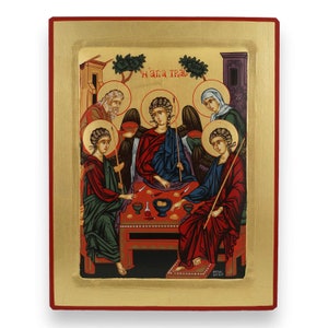 Hospitality of Abraham Icon - Raised Border Christian Byzantine Art | Handmade on Solid Natural Wood | Gift-Ready - Ships in a Box