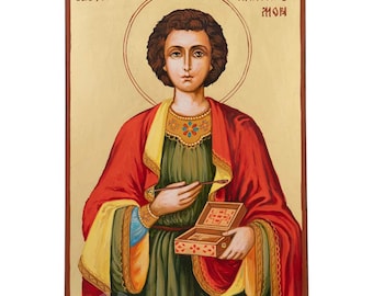 Saint Pantaleon Icon, Hand-Painted Gold Leaf, 30×20cm