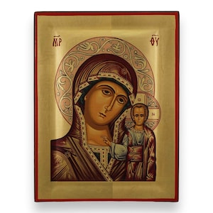 Our Lady of Kazan Icon - Raised Border Greek Orthodox Icon | Handmade on Solid Natural Wood