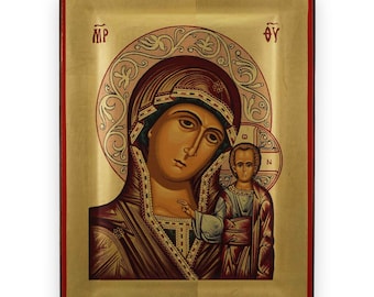 Icono de Nuestra Señora de Kazán - Icono ortodoxo griego con borde en relieve / Hecho a mano en madera maciza natural