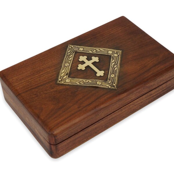 Keepsake Storage Box with Hinged Lid and Metal Cross | Home Altar, Prayer Corner