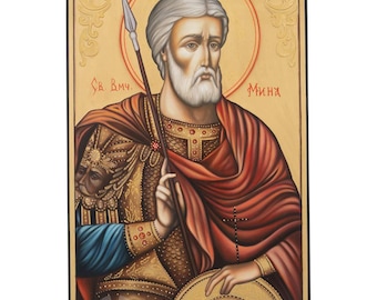 Saint Menas Icon, Hand-Painted Gold Leaf, 30×20cm