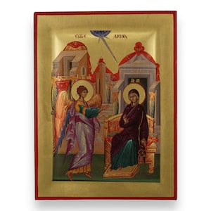 Annunciation Icon - Raised Border Christian Byzantine Art | Handmade on Solid Natural Wood | Gift-Ready - Ships in a Box